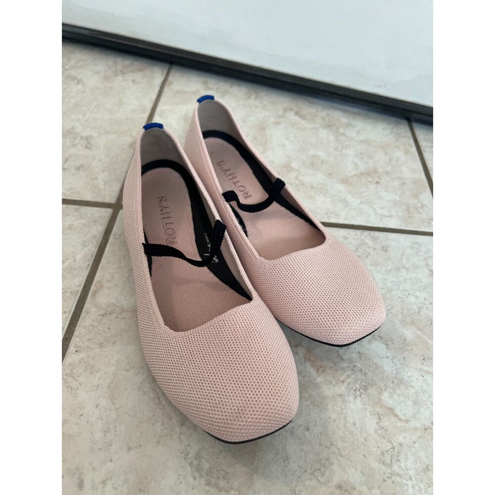 Rothy's The Square Toe Mary Jane Ballet Flats Shoes Womens 7 Pink Black Strap